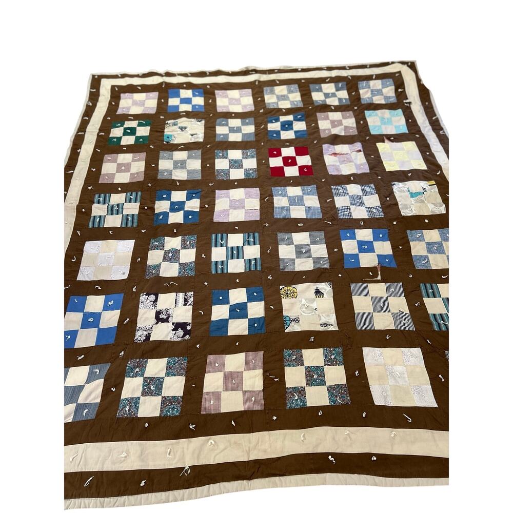 Vintage Handmade Hand-Tied Patchwork Quilt Brown Blue 72x83 Distressed - Picture 2 of 5